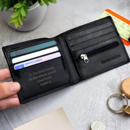 Personalised free text black leather wallet