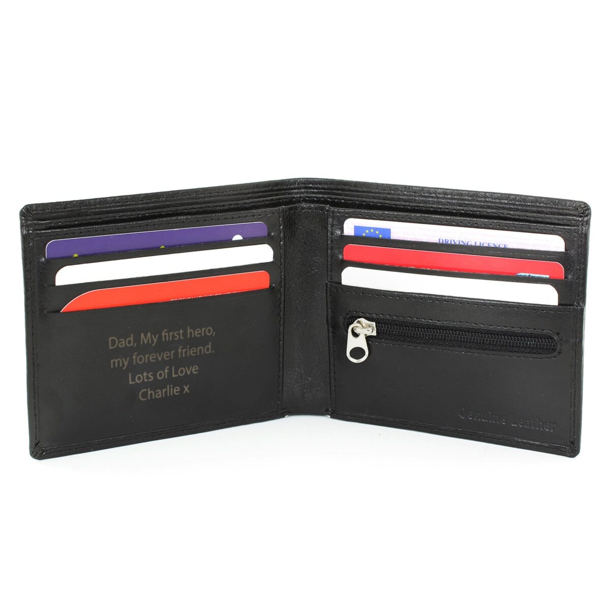 Personalised free text black leather wallet