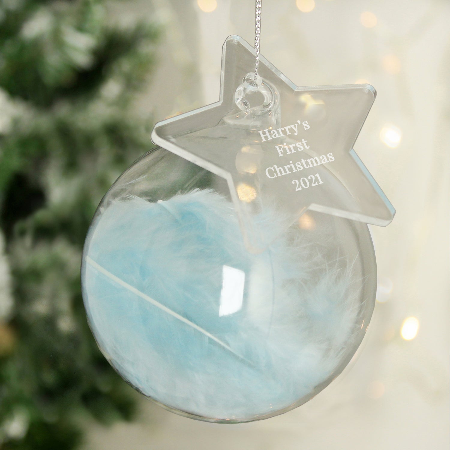 Personalised Free Text Blue Feather Glass Bauble With Star Tag: 1 - Christmas Baubles By Gift Moments