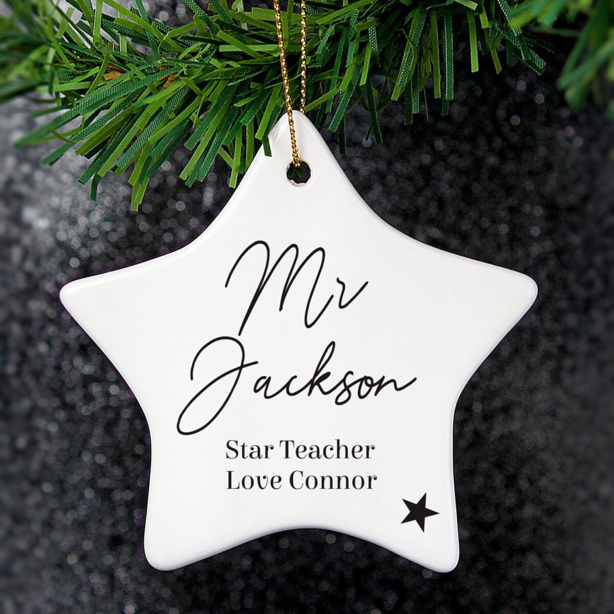 Personalised Free Text Ceramic Star Decoration: 4 - Christmas Decorations By Gift Moments