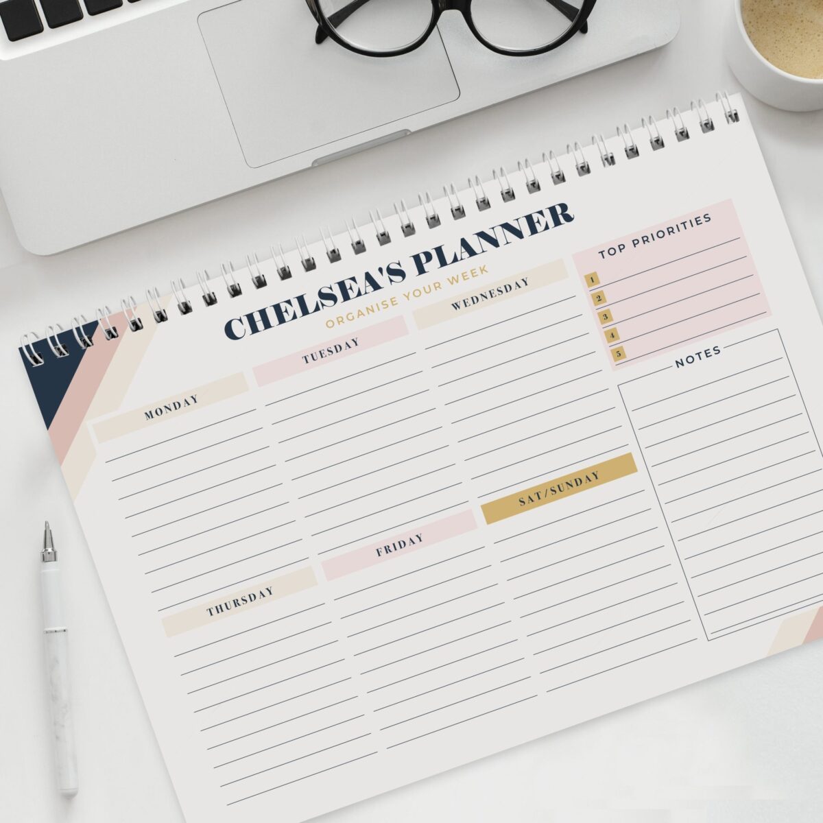 Personalised Free Text Navy & Blush A4 Desk Planner: 2 - Calendars & Planners By Gift Moments