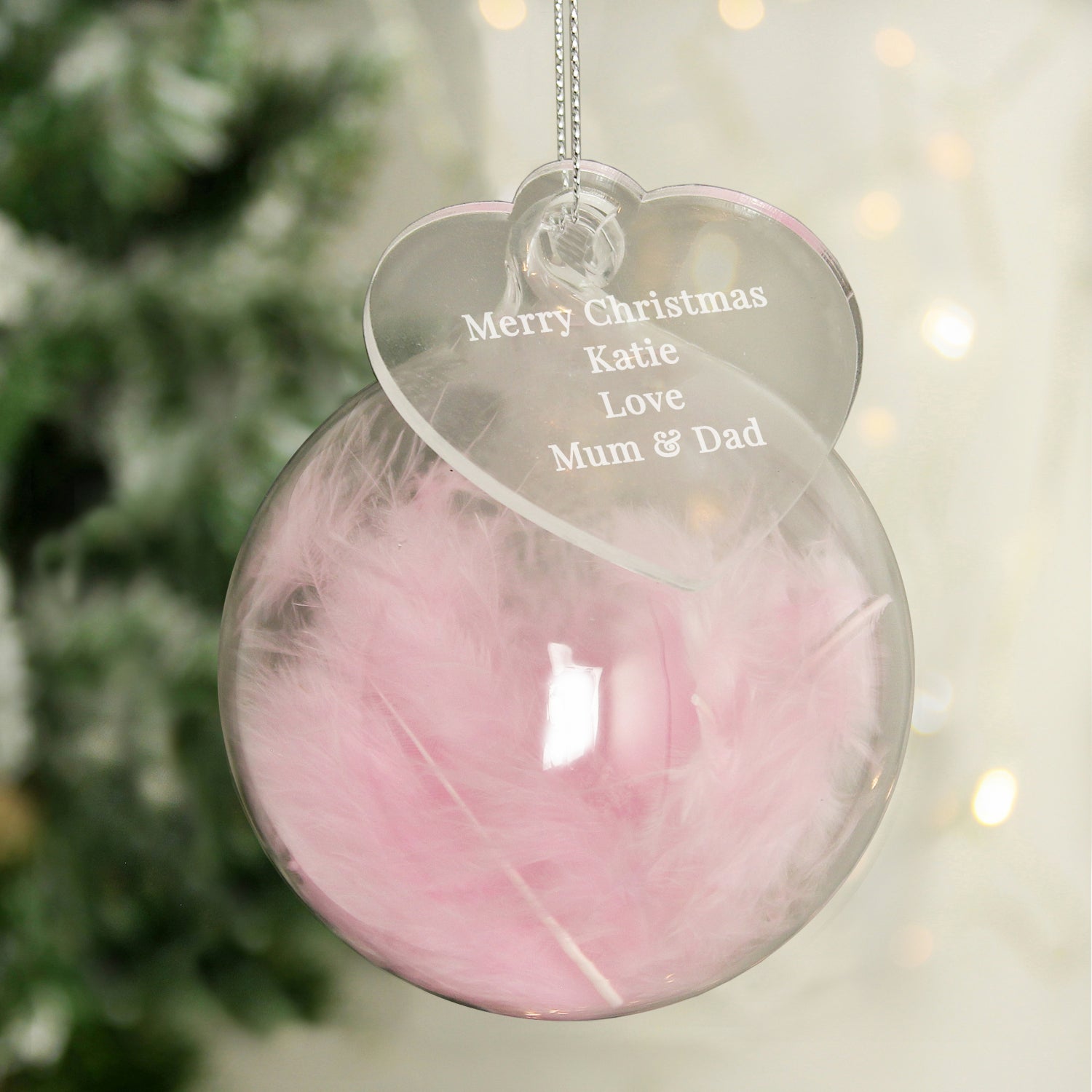 Personalised Free Text Pink Feather Glass Bauble With Heart Tag: 1 - Christmas Baubles By Gift Moments