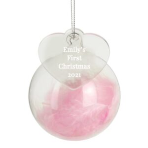 Personalised Free Text Pink Feather Glass Bauble With Heart Tag: 4 - Christmas Baubles By Gift Moments