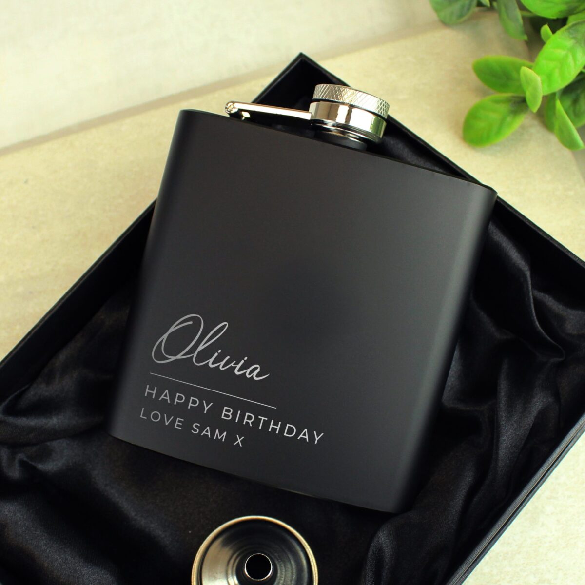 Personalised Free Text Script Black Hip Flask: 8 - Hip Flasks By Gift Moments
