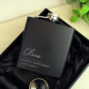 Personalised Free Text Script Black Hip Flask: 8 - Hip Flasks By Gift Moments