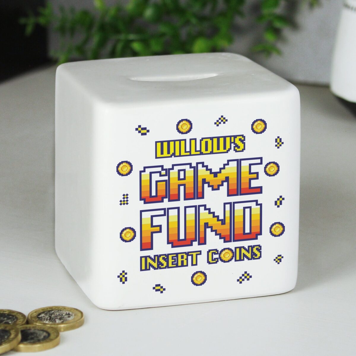Personalised Gaming Fund Ceramic Square Money Box: 4 - Money Boxes By Gift Moments