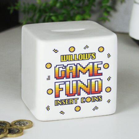 Personalised Gaming Fund Ceramic Square Money Box: 4 - Money Boxes By Gift Moments