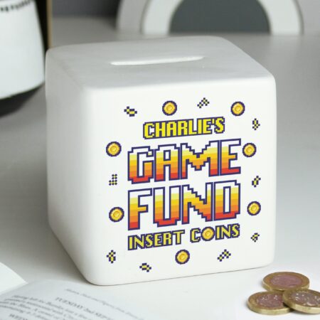 Personalised Gaming Fund Ceramic Square Money Box: 2 - Money Boxes By Gift Moments