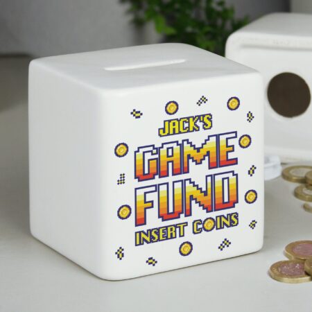 Personalised Gaming Fund Ceramic Square Money Box: 1 - Money Boxes By Gift Moments