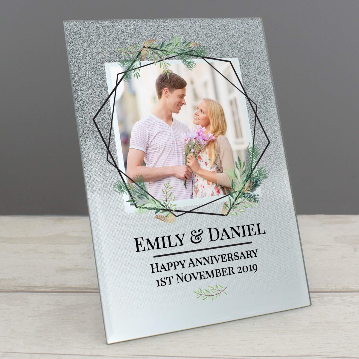 Personalised Geo Leaves 4x4 Glitter Glass Photo Frame: 1 - Photo Frames By Gift Moments