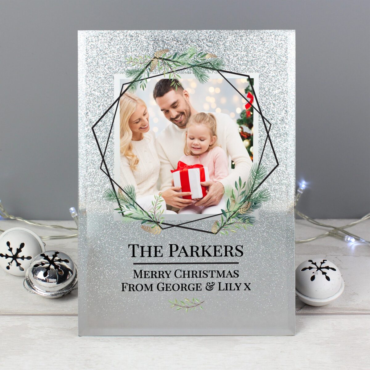 Personalised Geo Leaves 4x4 Glitter Glass Photo Frame: 6 - Photo Frames By Gift Moments
