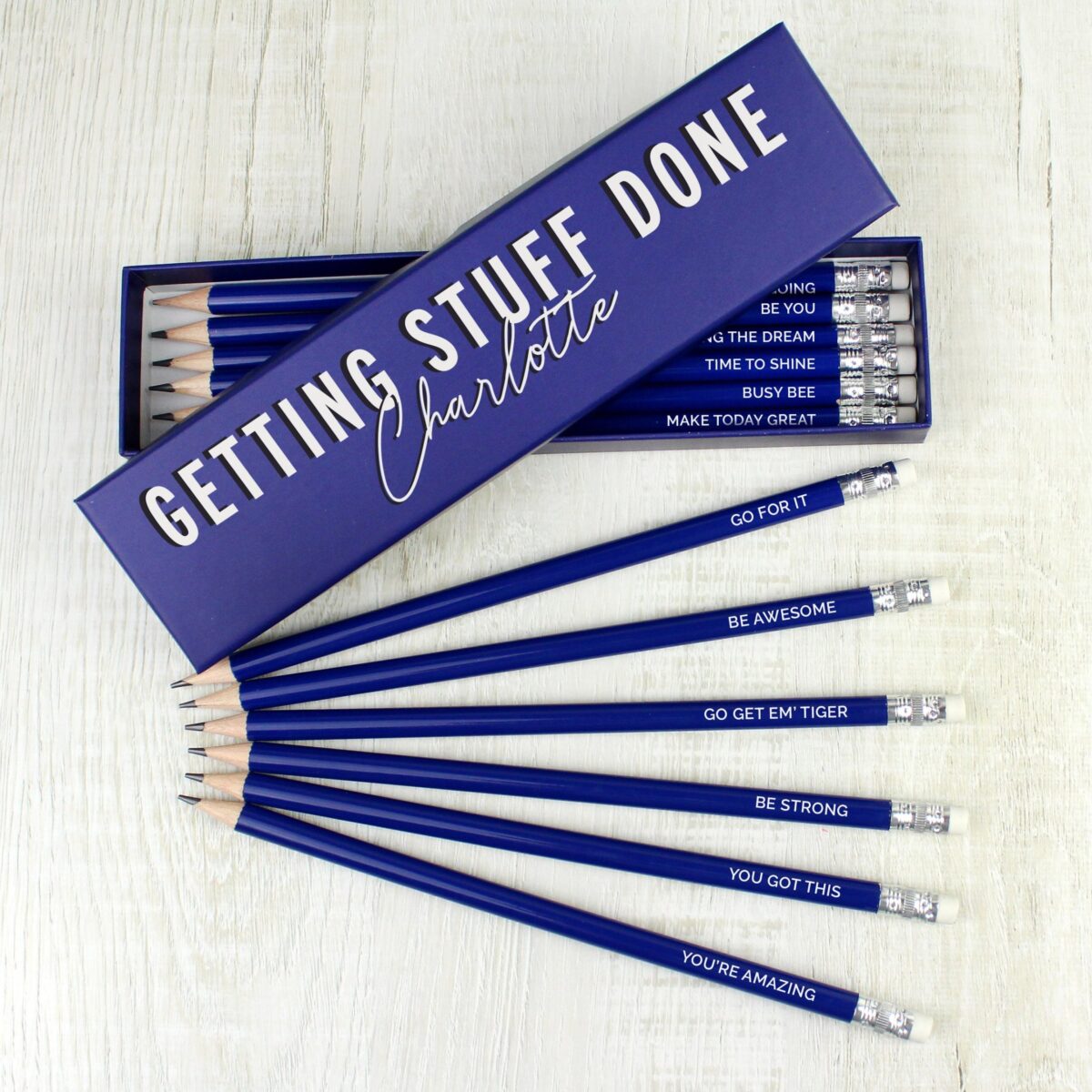 Personalised Getting Stuff Done Box and 12 Blue HB Pencils: 1 - Pens & Pencils By Gift Moments