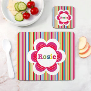Personalised Girl’s Floral Placemat & Coaster Sets: 1 - Stripes - Placemats By Gift Moments