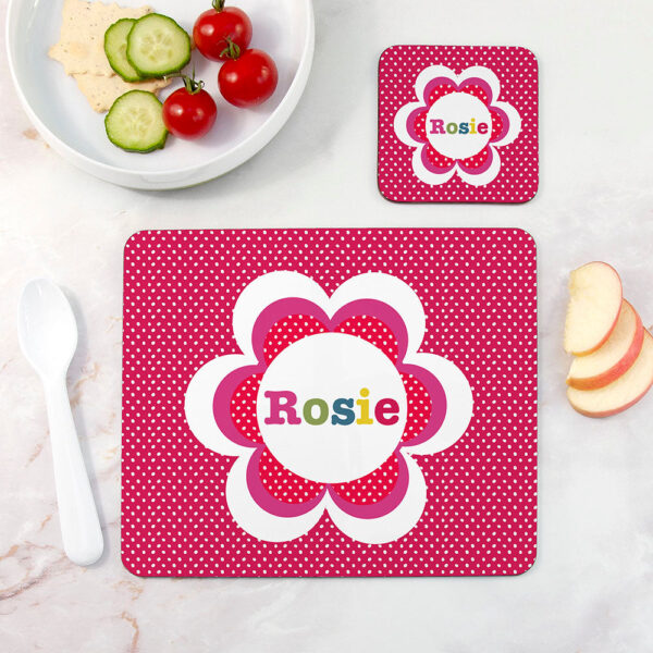Personalised Girl’s Floral Placemat & Coaster Sets: 2 - White Spots - Placemats By Gift Moments