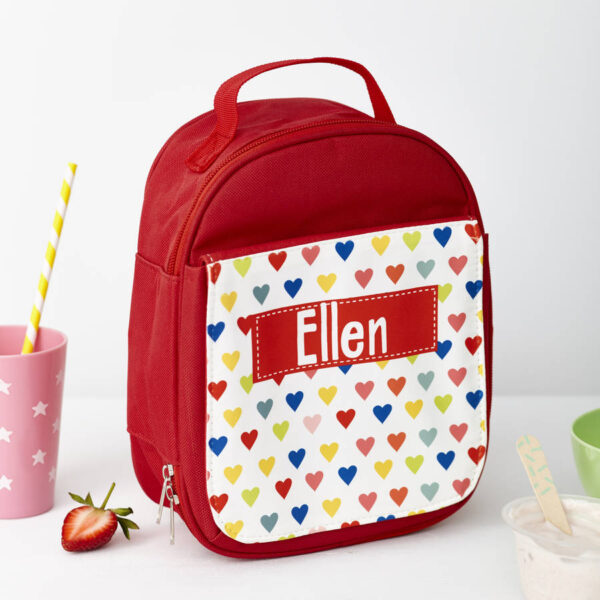 Personalised Red Patterned Lunch Bag for Girls: 2 - Hearts - Lunch Boxes & Bags By Gift Moments