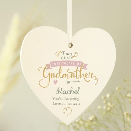 Personalised I Am Glad... Godmother Wooden Heart Decoration: 2 - Decorations By Gift Moments