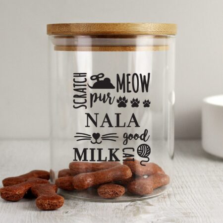 Personalised Glass Cat Treat jar with Bamboo Lid: 4 - Pet Products By Gift Moments
