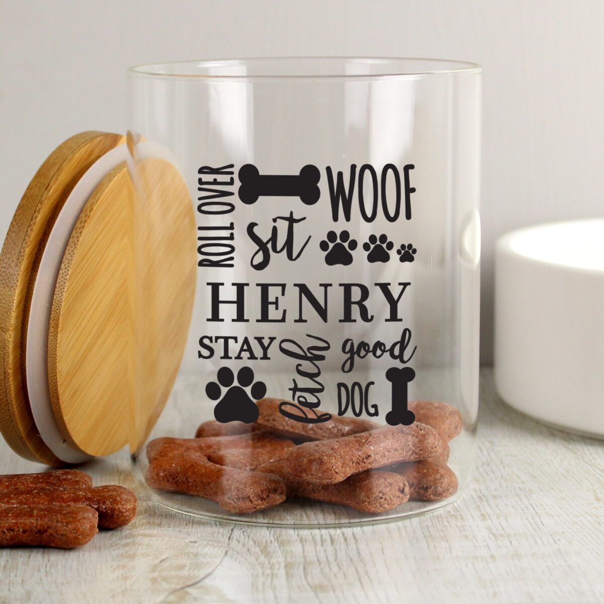 Personalised Glass Dog Treat Jar with Bamboo Lid: 2 - Pet Products By Gift Moments