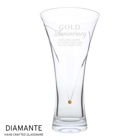 Personalised Gold Anniversary Large Hand Cut Diamante Heart Vase: 3 - Vases By Gift Moments