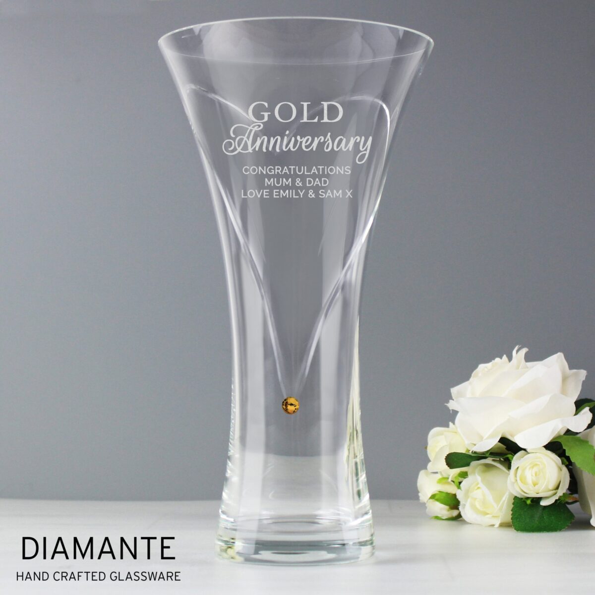 Personalised Gold Anniversary Large Hand Cut Diamante Heart Vase: 2 - Vases By Gift Moments
