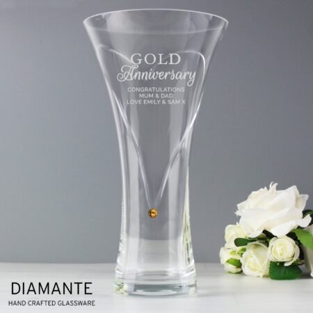 Personalised Gold Anniversary Large Hand Cut Diamante Heart Vase: 2 - Vases By Gift Moments