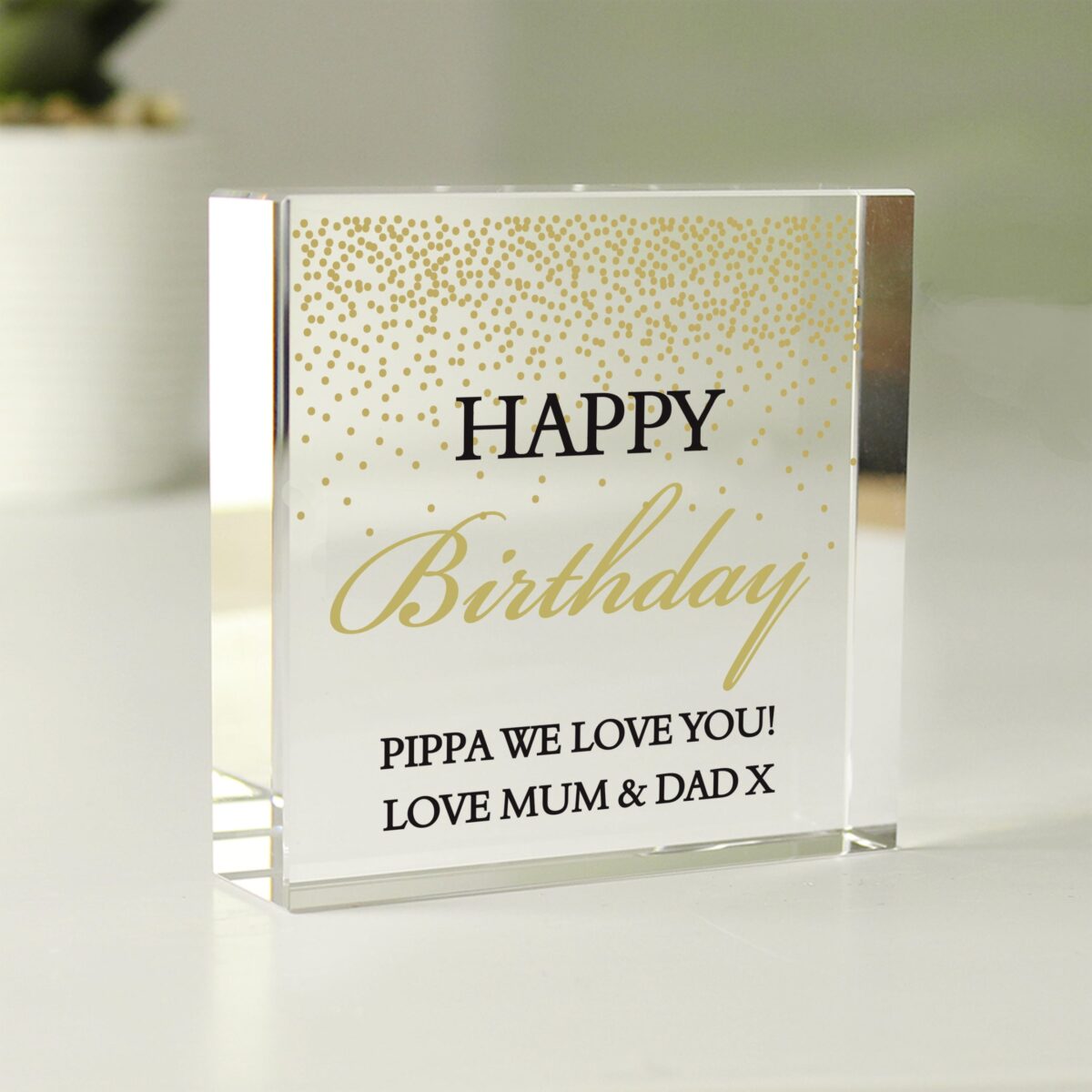 Personalised gold confetti crystal token