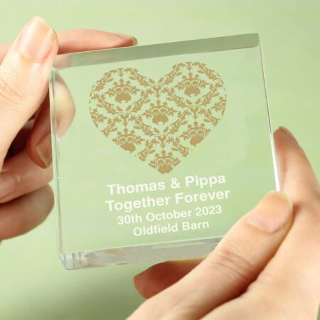 Personalised gold damask heart crystal token