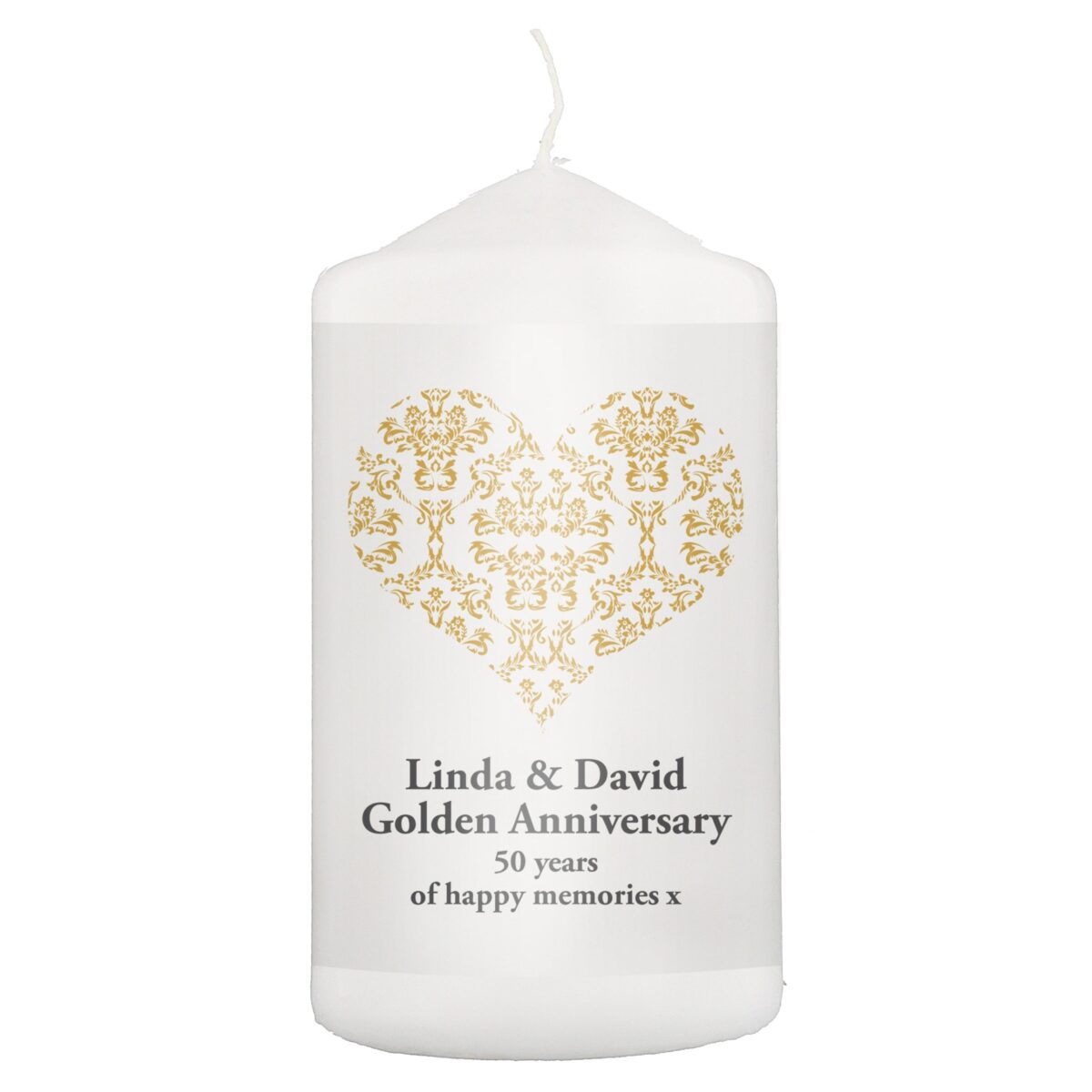 Personalised Gold Damask Heart Pillar Candle: 2 - Candles By Gift Moments