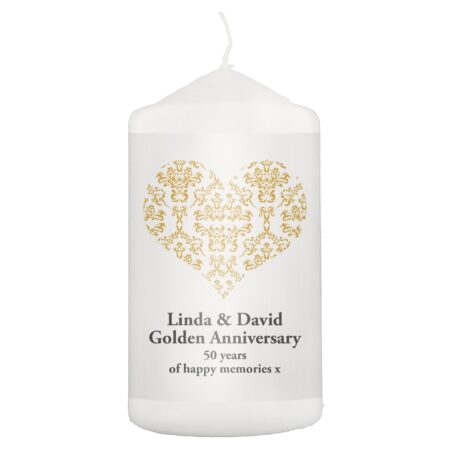 Personalised Gold Damask Heart Pillar Candle: 2 - Candles By Gift Moments