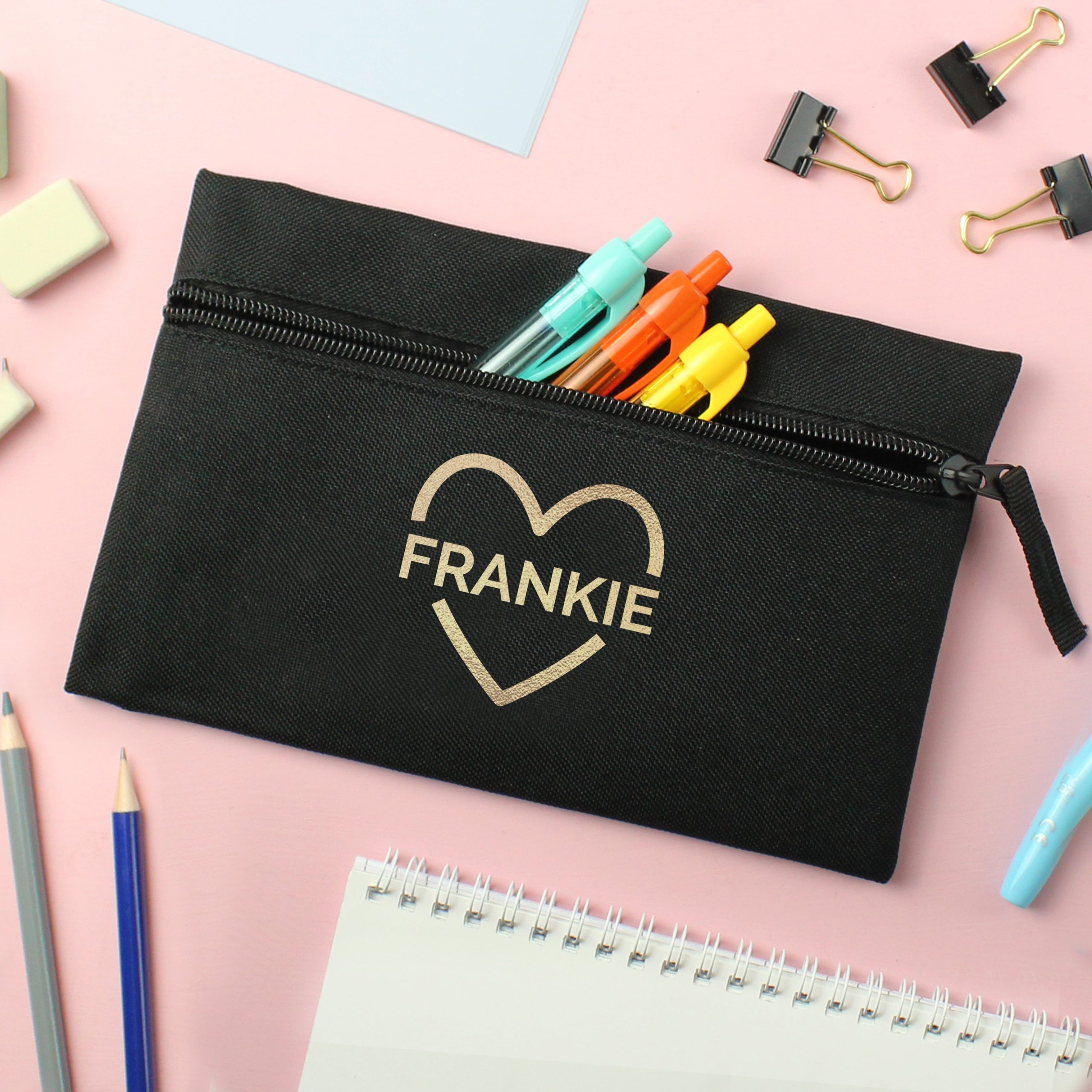 Personalised Gold Heart Black Pencil Case: 1 - Pencil Cases & Sets By Gift Moments