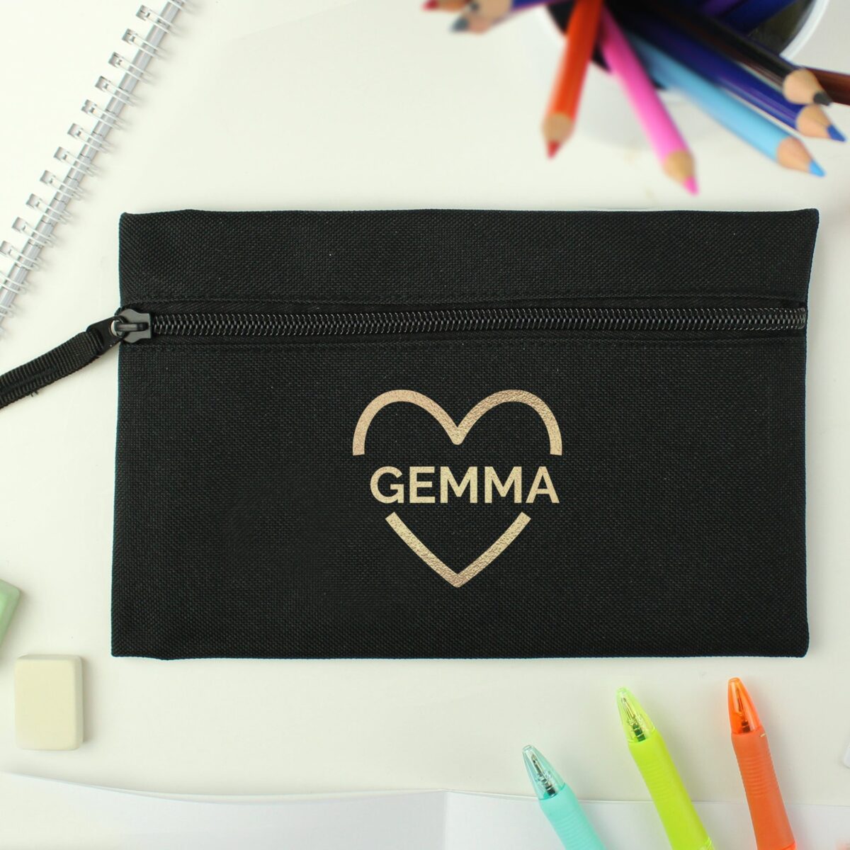Personalised Gold Heart Black Pencil Case: 2 - Pencil Cases & Sets By Gift Moments