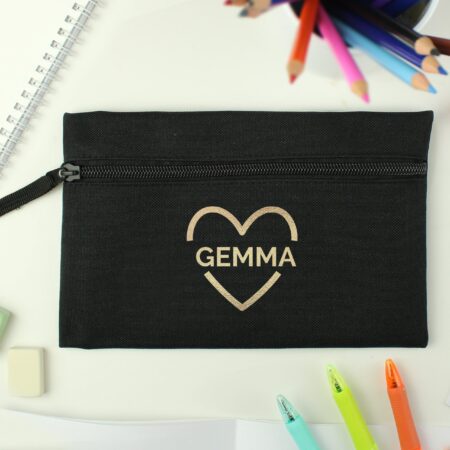 Personalised Gold Heart Black Pencil Case: 2 - Pencil Cases & Sets By Gift Moments
