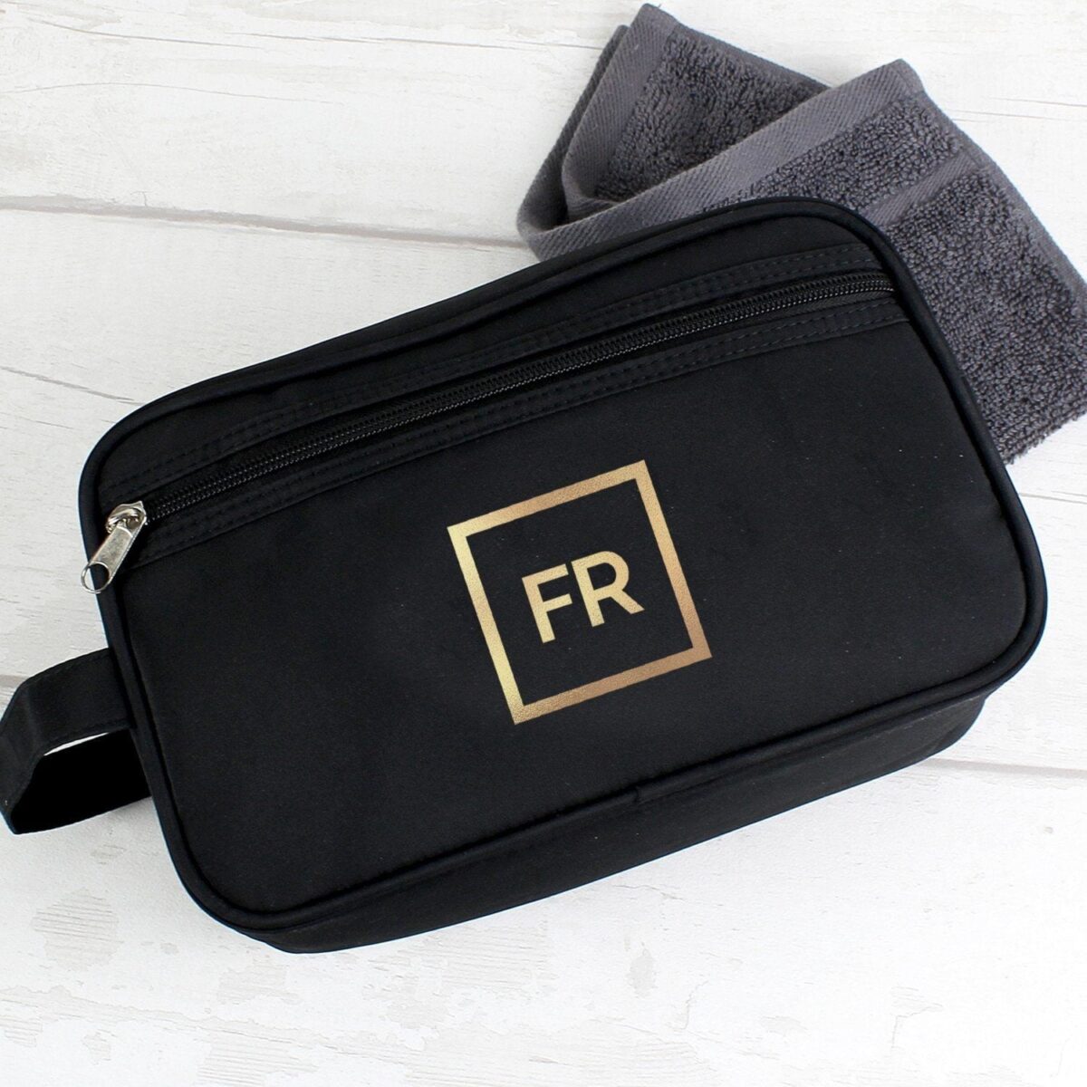 Personalised Gold Initials Black Toiletry Bag: 1 - Toiletry & Makeup Bags By Gift Moments