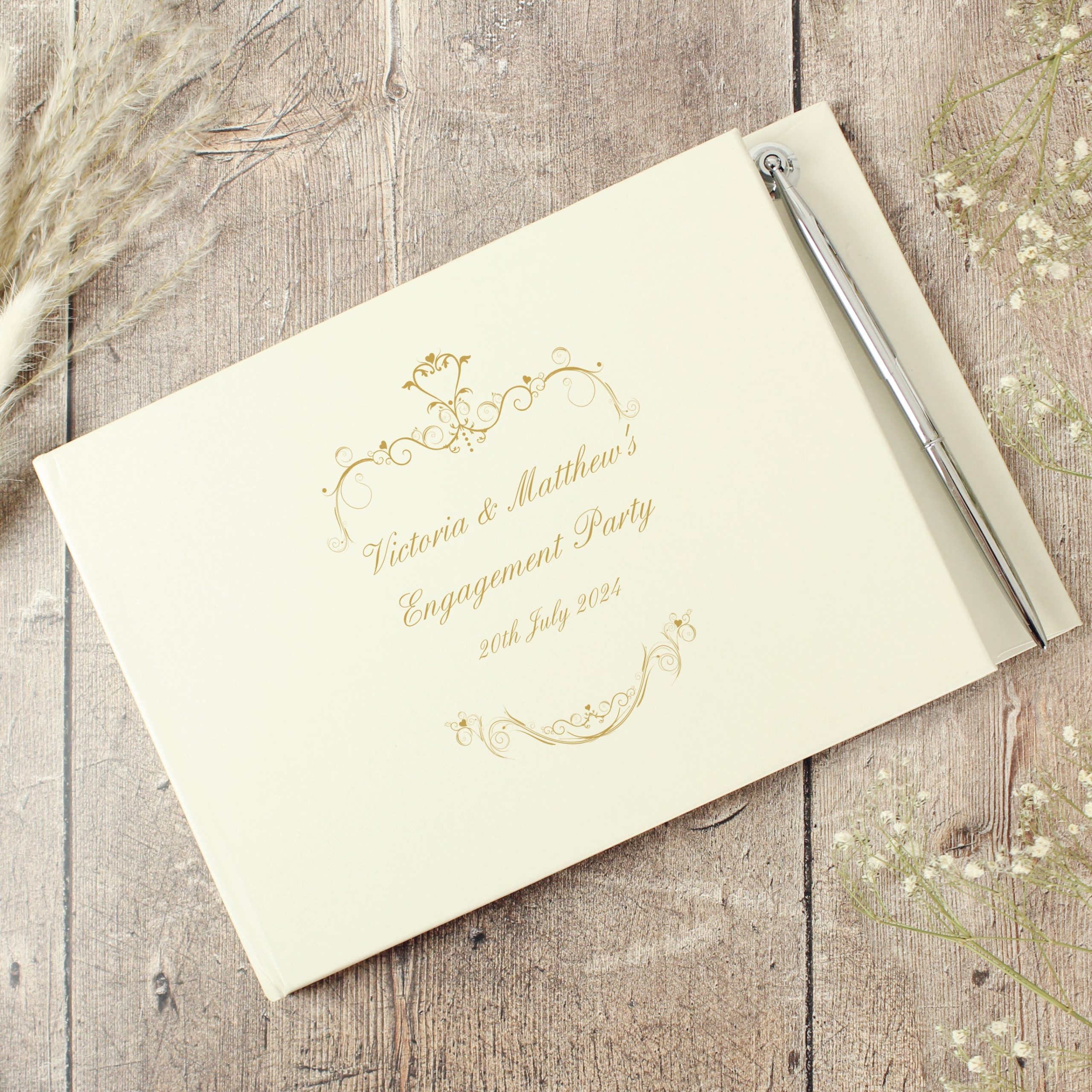 Personalised gold ornate swirl hardback guest book pen