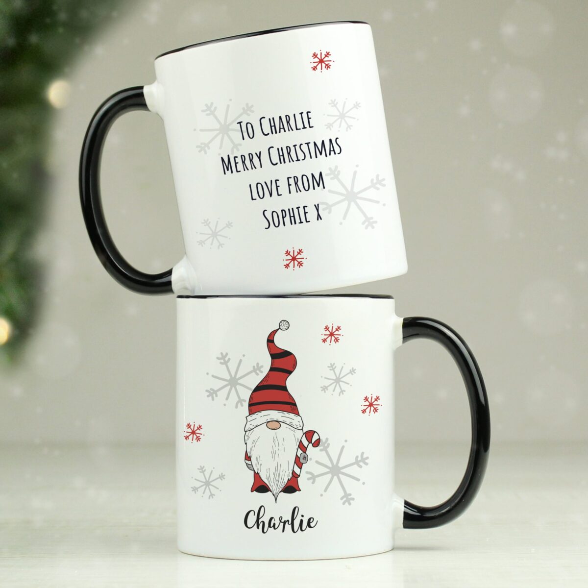 Personalised Gonk Family Black Handled Christmas Mugs: 3 - Mugs By Gift Moments