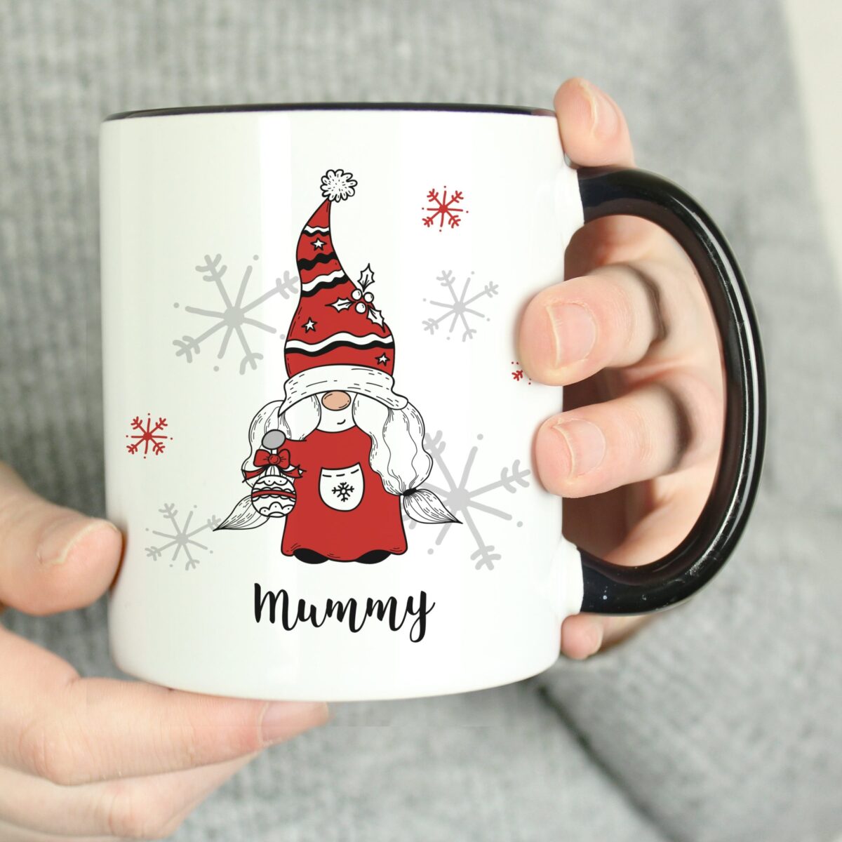 Personalised Gonk Family Black Handled Christmas Mugs: 6 - Mugs By Gift Moments