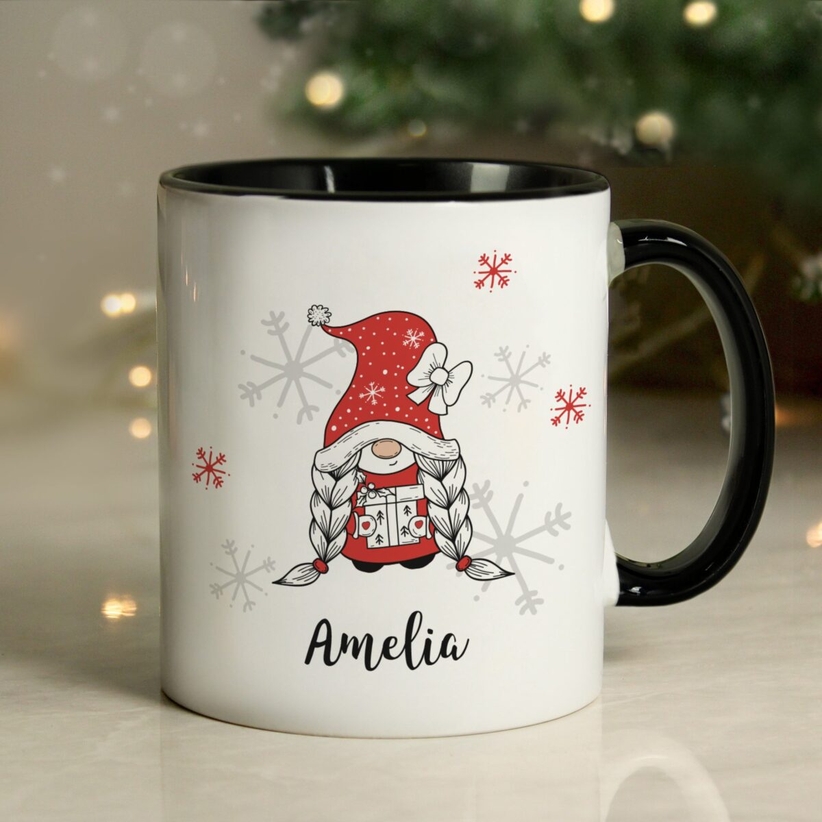 Personalised Gonk Family Black Handled Christmas Mugs: 12 - Girl - Mugs By Gift Moments