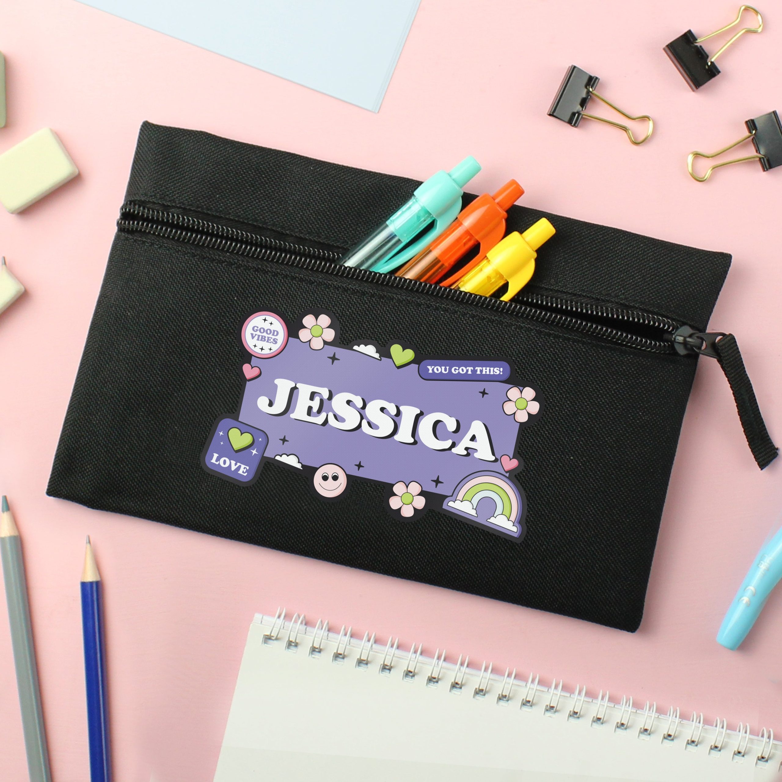 Personalised Good Vibes Black Pencil Case: 1 - Pencil Cases & Sets By Gift Moments