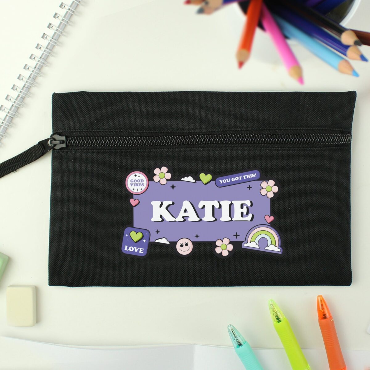 Personalised Good Vibes Black Pencil Case: 4 - Pencil Cases & Sets By Gift Moments