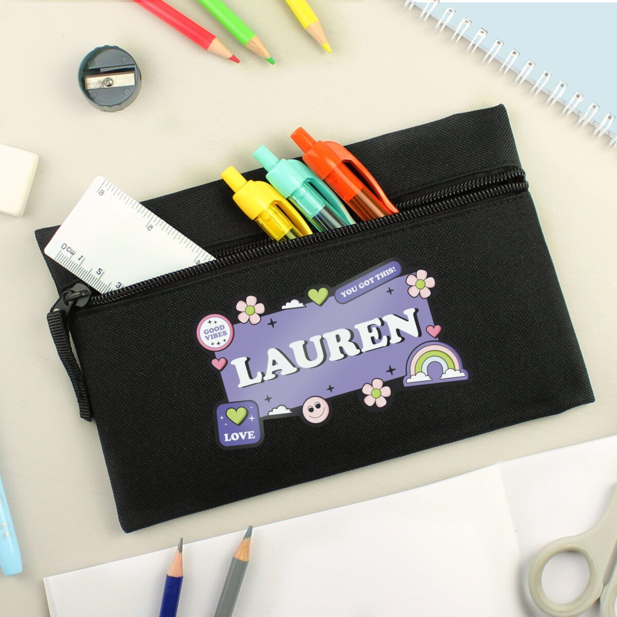 Personalised Good Vibes Black Pencil Case: 2 - Pencil Cases & Sets By Gift Moments