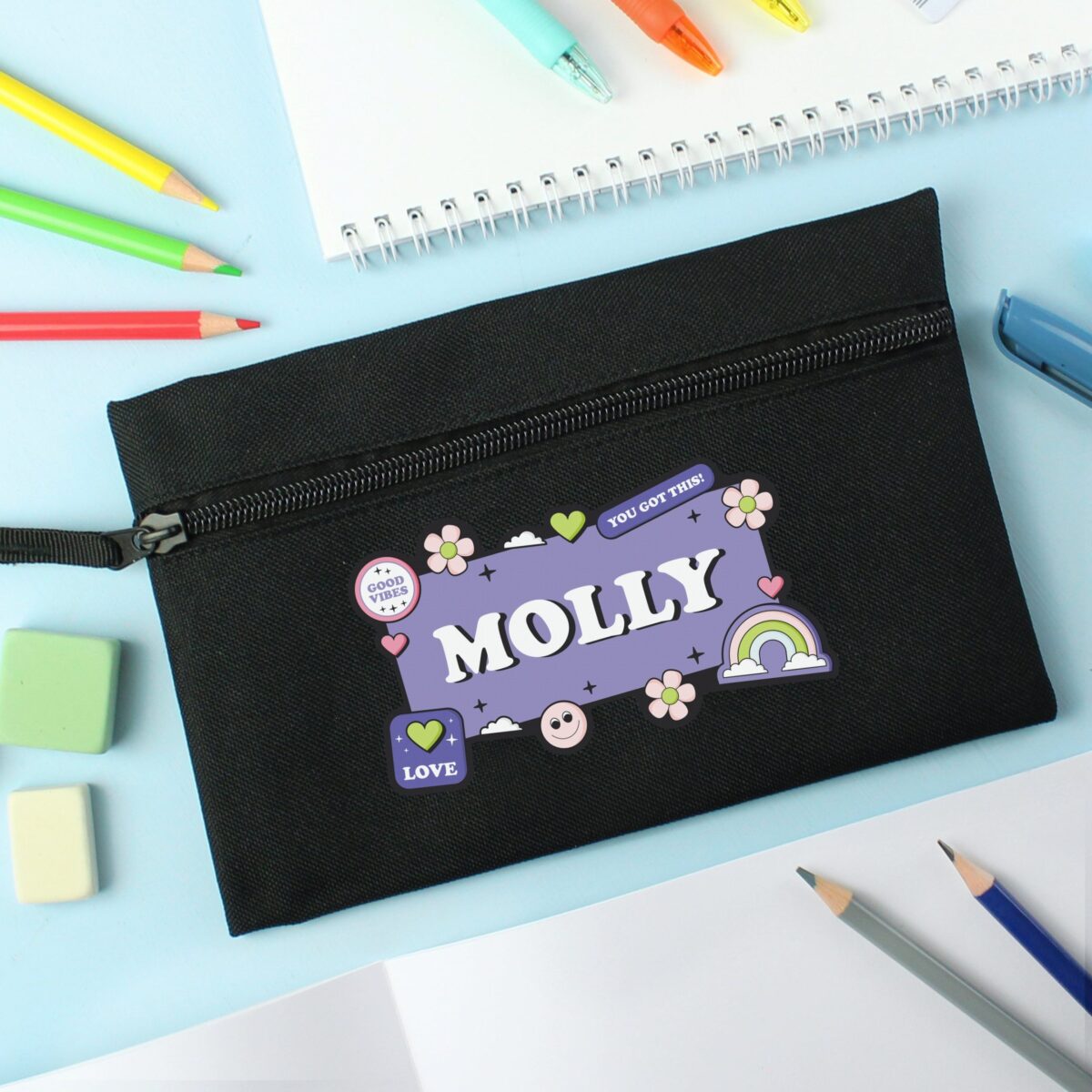 Personalised Good Vibes Black Pencil Case: 3 - Pencil Cases & Sets By Gift Moments