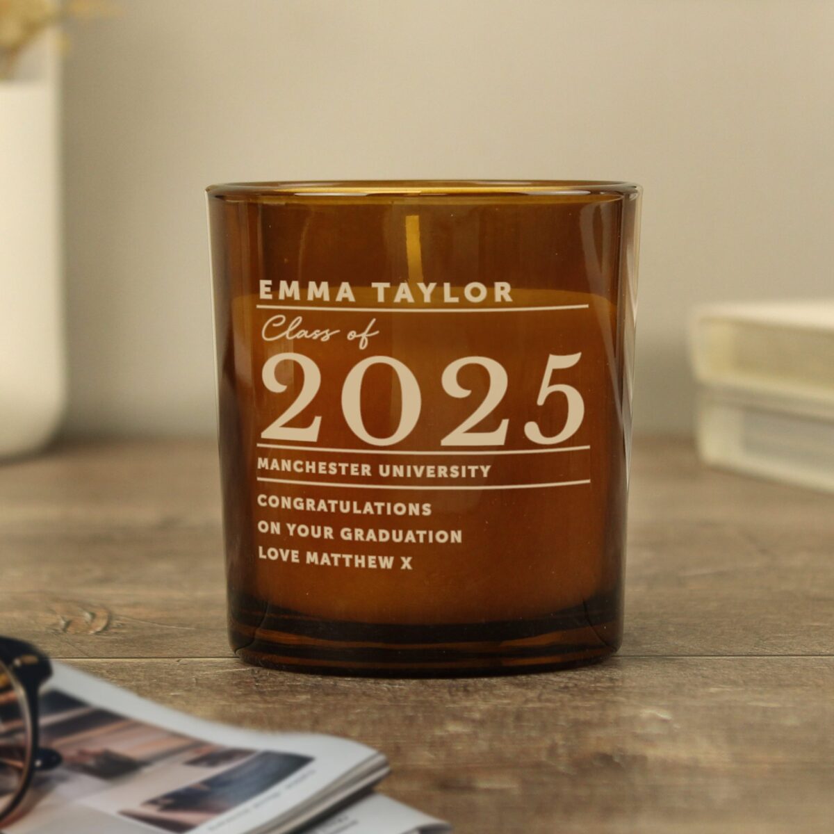 Personalised Graduation Amber Glass Candle: 7 - Candles By Gift Moments