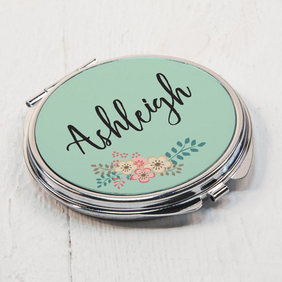 Personalised green floral compact mirror