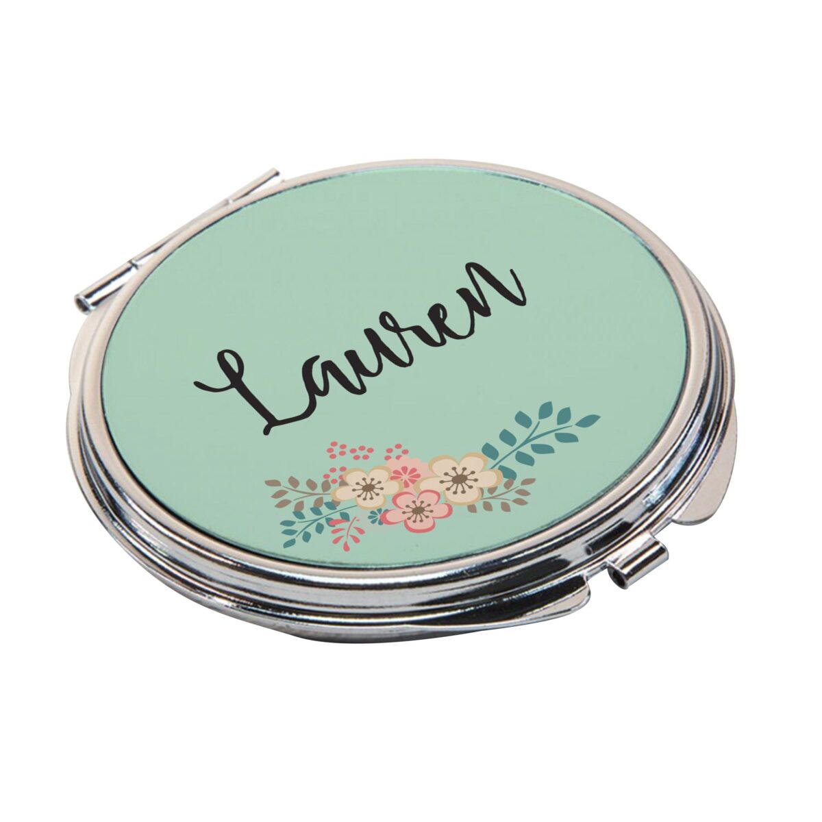 Personalised green floral compact mirror