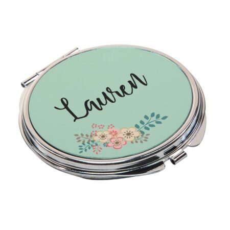 Personalised green floral compact mirror