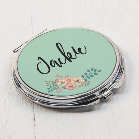 Personalised green floral compact mirror