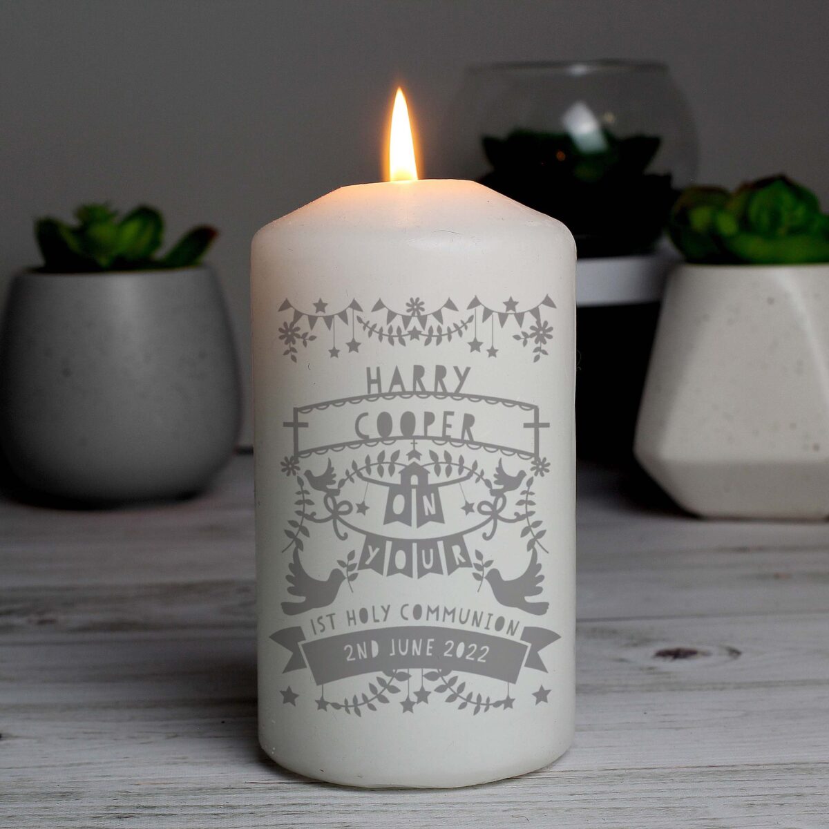 Personalised Grey Papercut Style Pillar Candle: 2 - Candles By Gift Moments