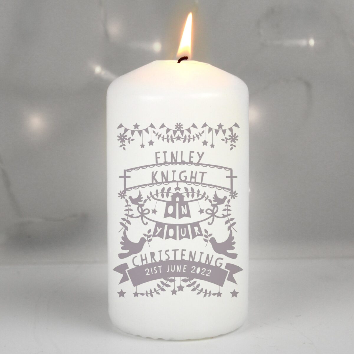Personalised Grey Papercut Style Pillar Candle: 1 - Candles By Gift Moments