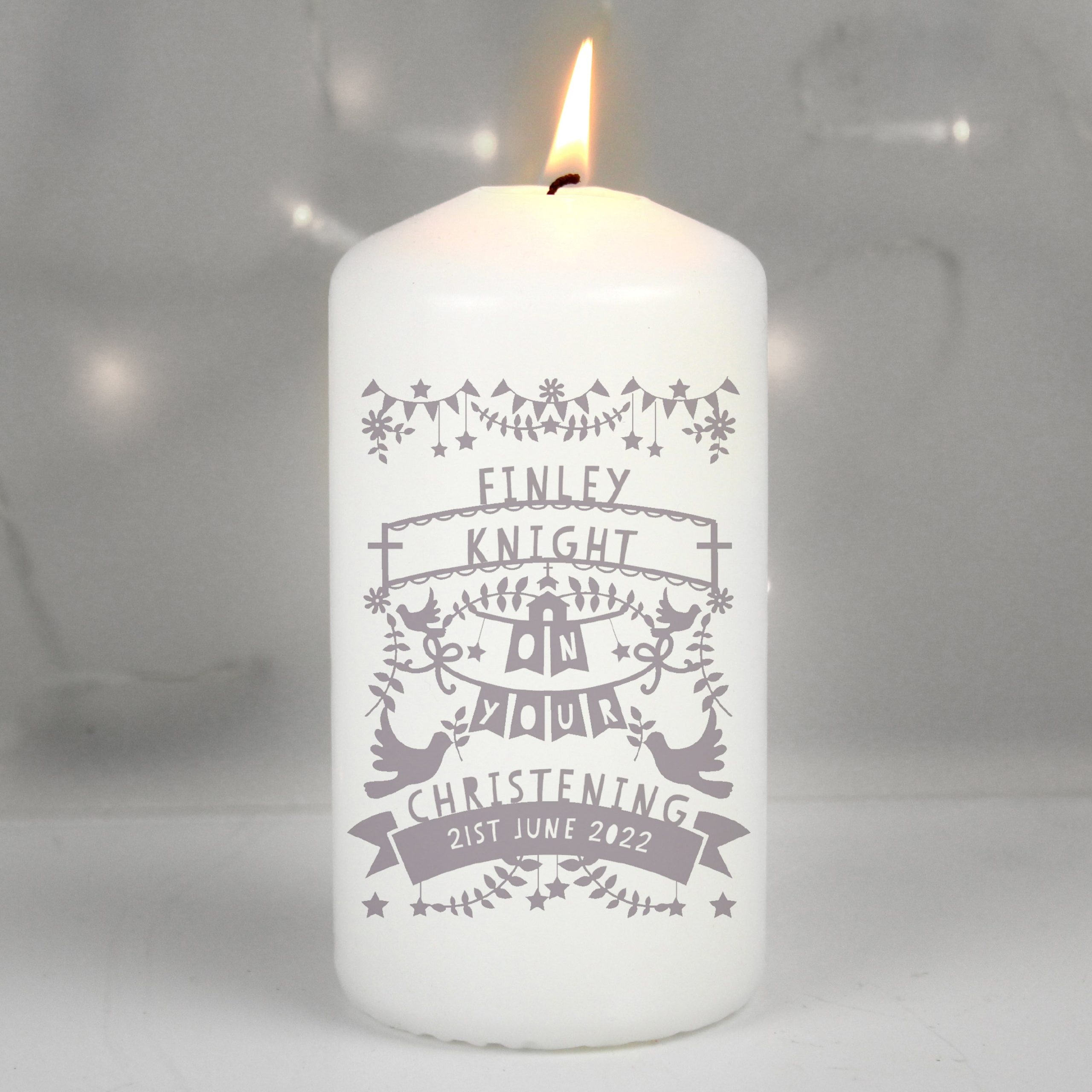 Personalised Grey Papercut Style Pillar Candle: 1 - Candles By Gift Moments