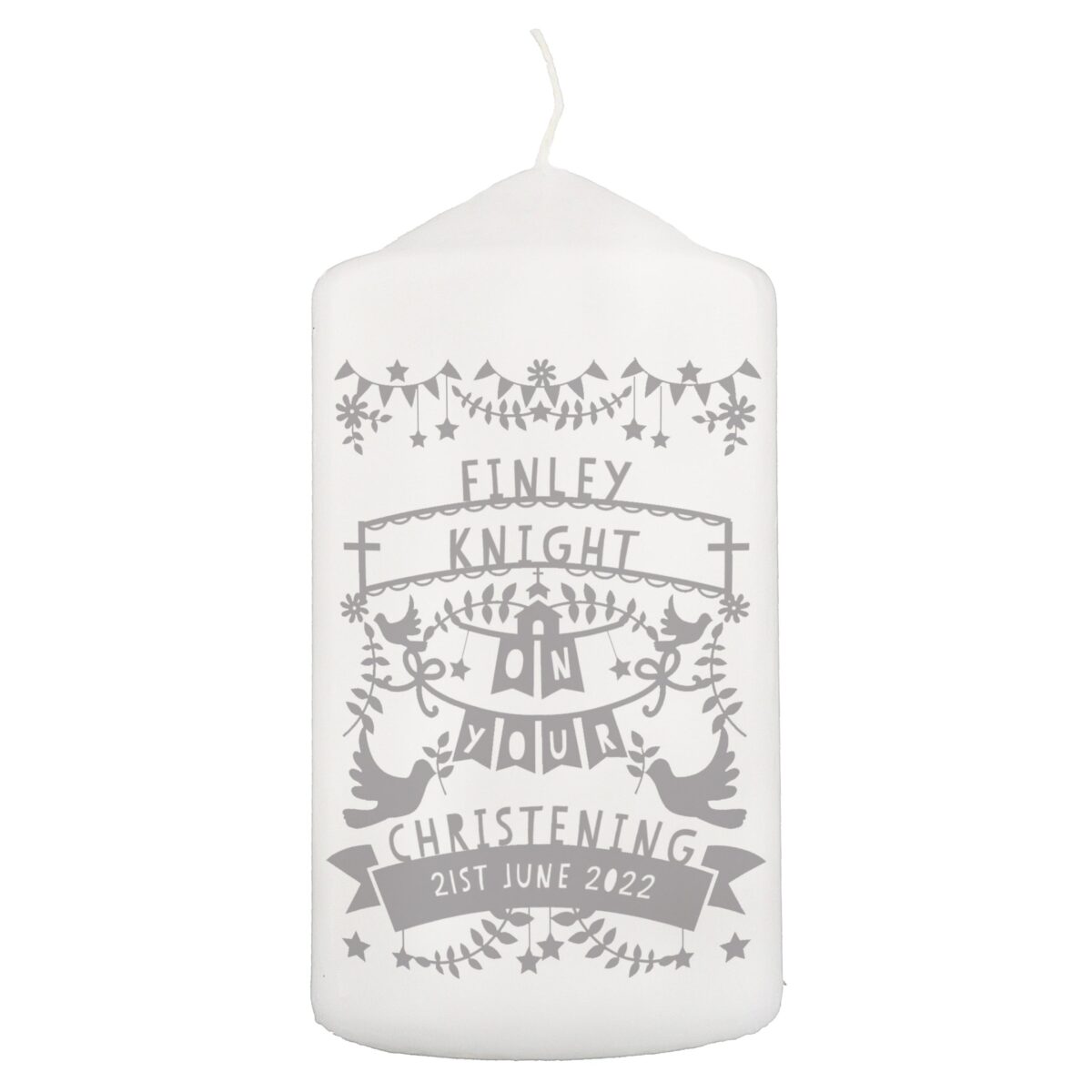 Personalised Grey Papercut Style Pillar Candle: 3 - Candles By Gift Moments